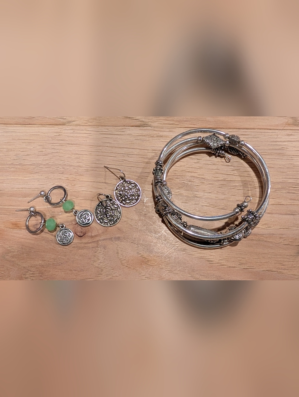 Silver Floral Disc Earrings and Wrap Bracelet Set